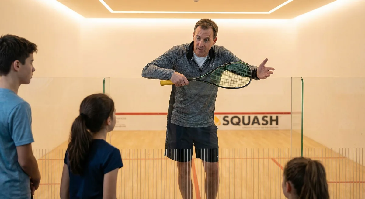 A professional squash coach guiding players during a training session on the squash court