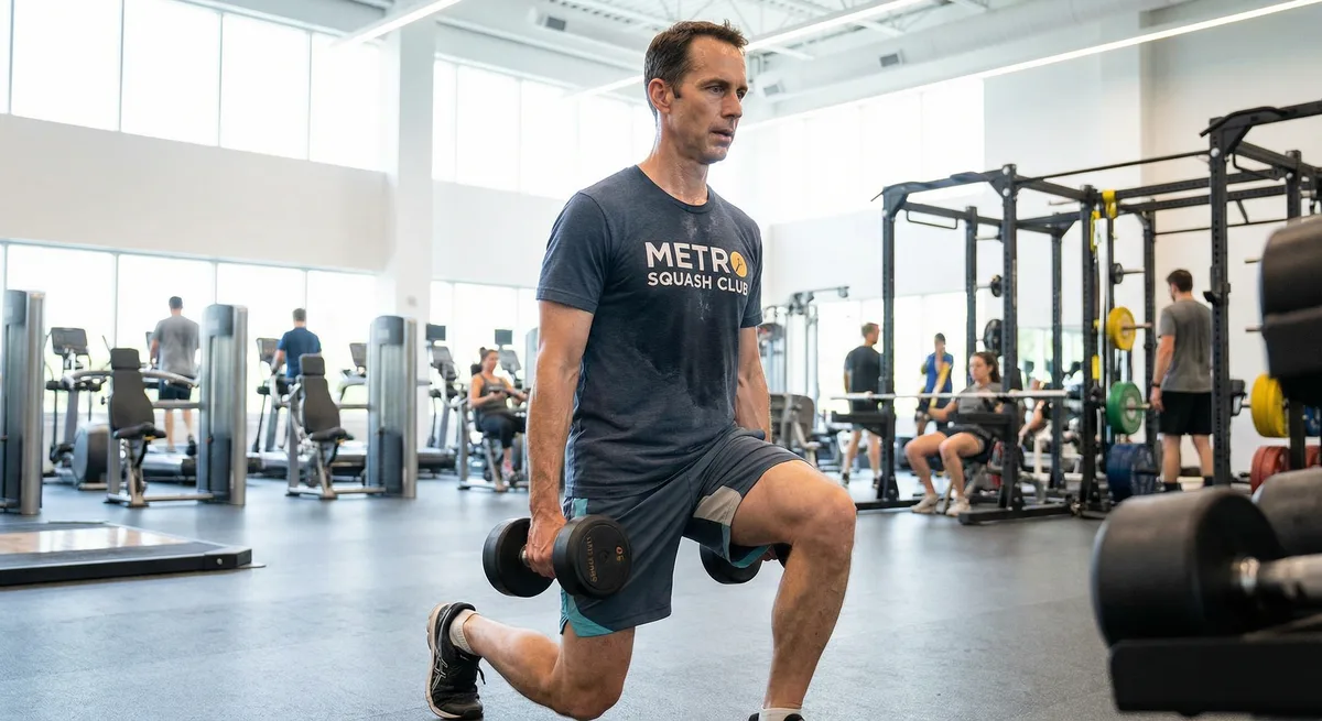 A squash player performing strength and endurance exercises at the gym